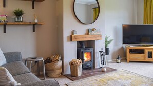 A cozy living room with a fireplace, a television, and a sofa.