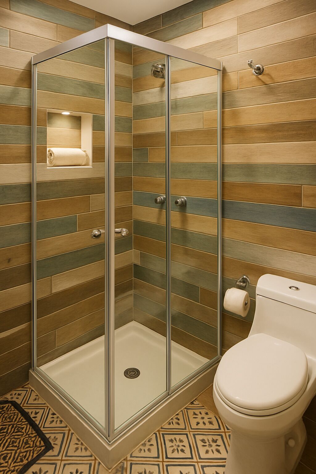 A modern bathroom with a glass-enclosed shower, a toilet, and a patterned floor.