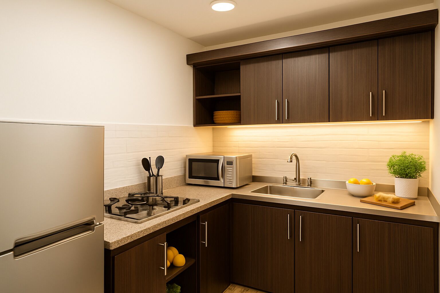 Eine moderne Küche mit dunklen Holzausführungen, einem Edelstahl-Kühlschrank, einer Mikrowelle und einem Spülbecken mit einem Blumentopf auf der Arbeitsplatte.