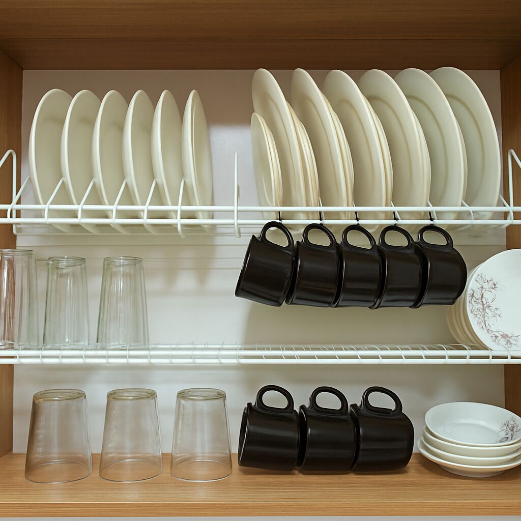 A kitchen with white dish racks holding plates and bowls, and black mugs on the lower rack.