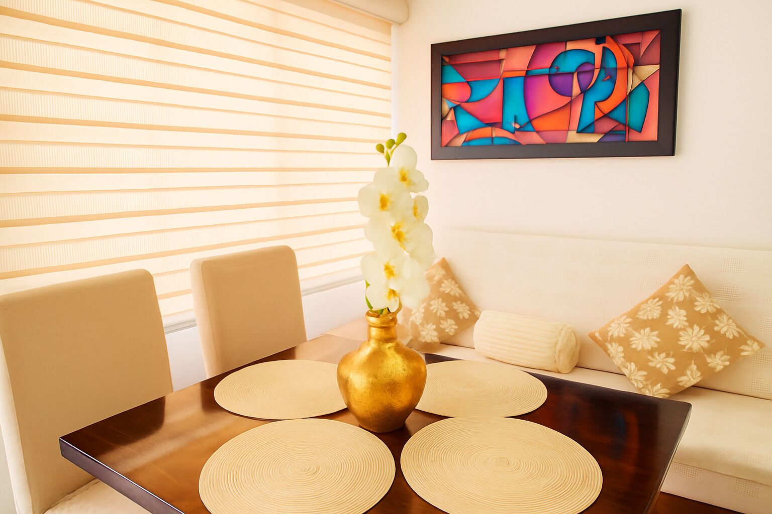 A dining area with a wooden table, four chairs, a vase with white flowers, and a sofa with patterned cushions.