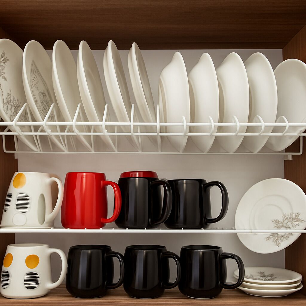 A kitchen shelf with white plates and black mugs.