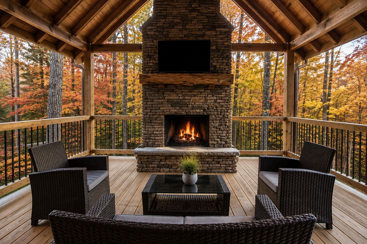 Una terraza techada con chimenea de piedra, muebles de mimbre y vistas a árboles otoñales.