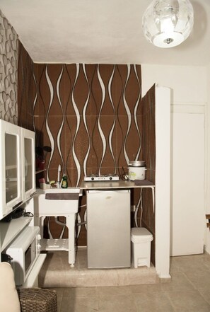 Fridge, microwave, coffee/tea maker, electric kettle