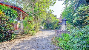 A gravel path leading to a traditional building with a tiled roof, surrounded by lush greenery. - Hotel O Mustika (Negara)