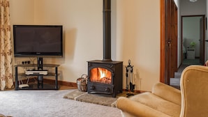 A living room with a fireplace, a television, and a sofa. - 2 bedroom accommodation in Levisham, near Pickering (Levisham, near Pickering)