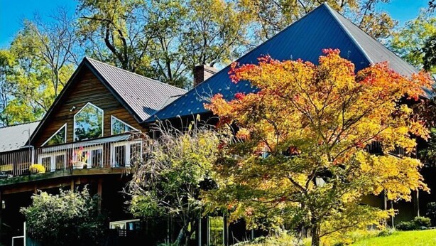 Une cabane en bois avec un toit en pente, une terrasse et un grand arbre aux feuilles d’automne, qui se trouve au premier plan.