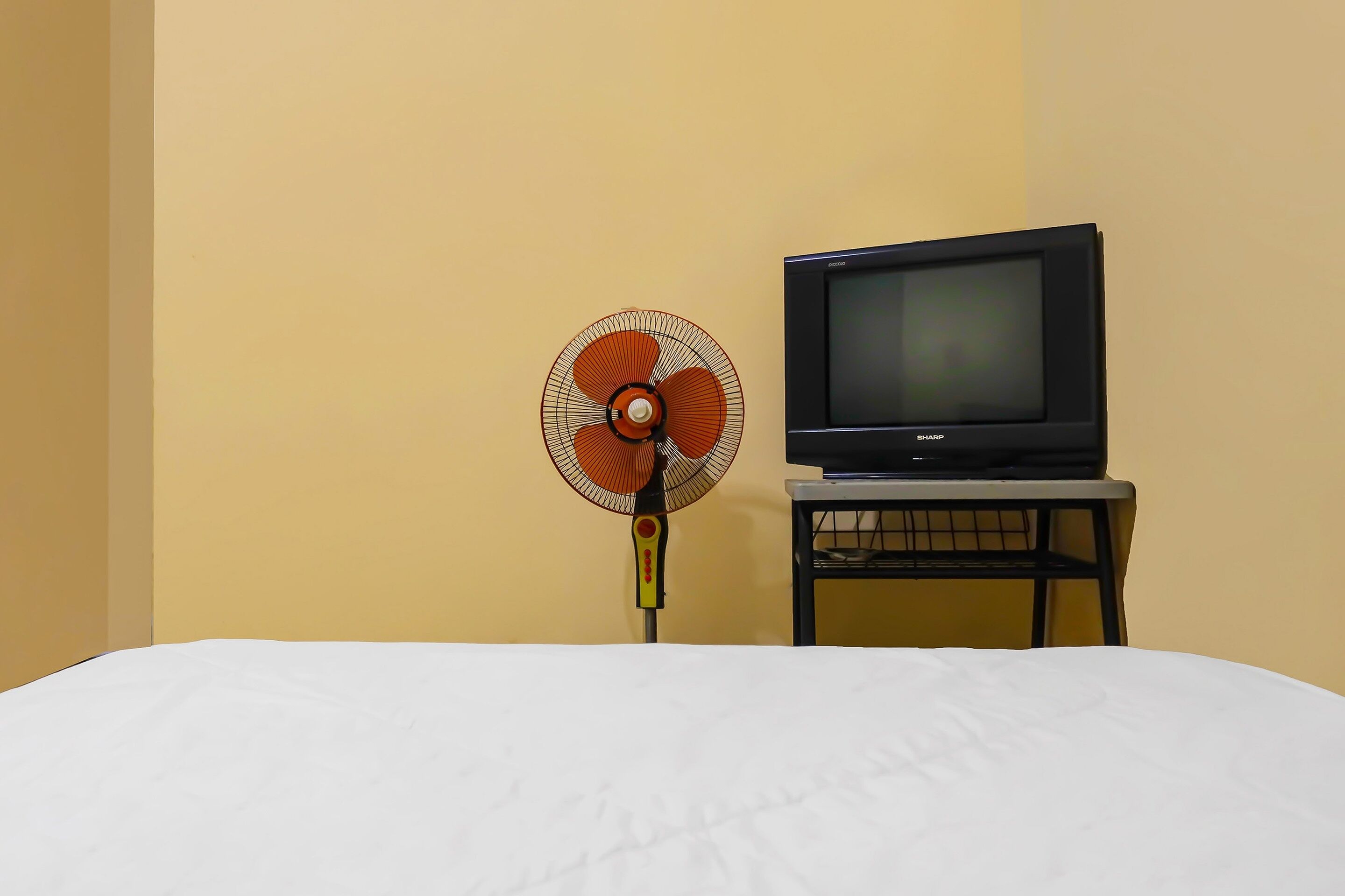 Una habitación con una cama, un ventilador de pie y un televisor sobre una mesita.