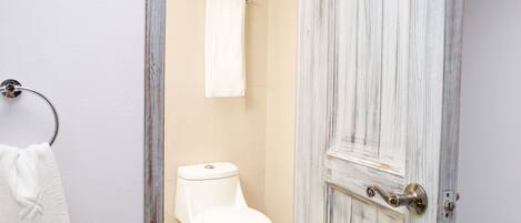 Een badkamer met een toilet, een handdoekhouder en een houten deur.
