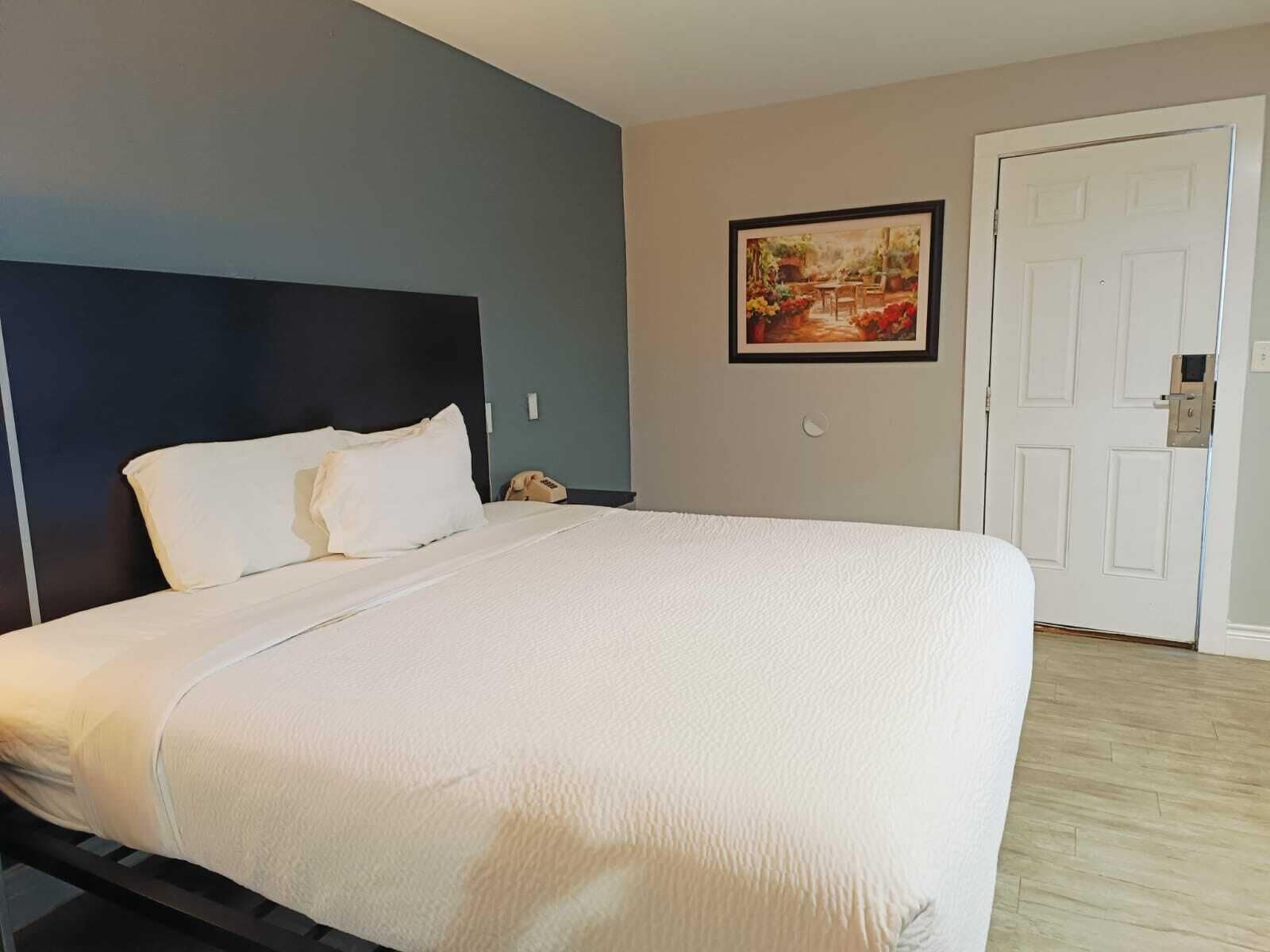 A hotel room with a large bed, a dark headboard, a painting on the wall, and a white door.