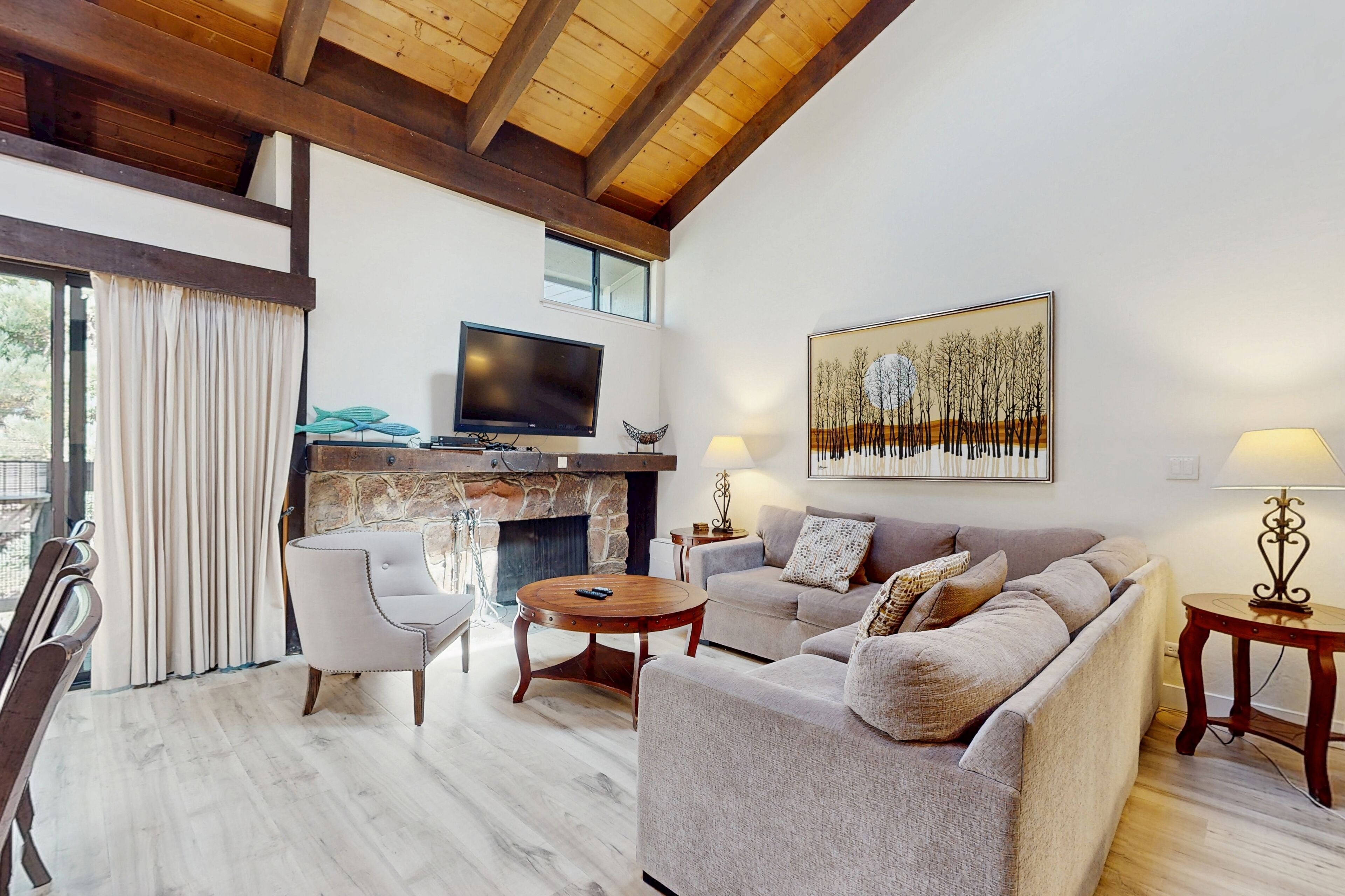 Una televisión, una chimenea, un reproductor de DVD