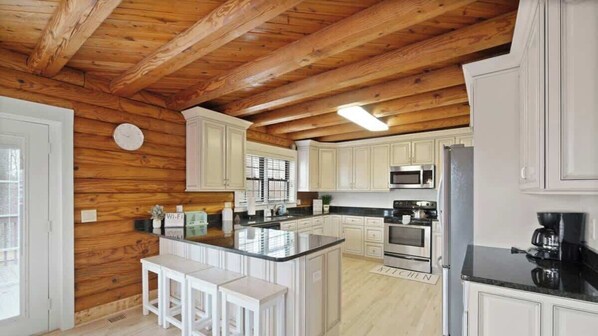 Fridge, microwave, toaster, cookware/dishes/utensils