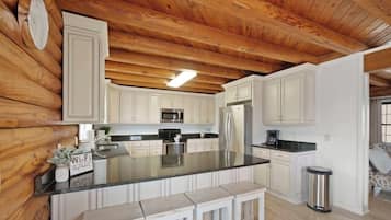 Fridge, microwave, toaster, cookware/dishes/utensils