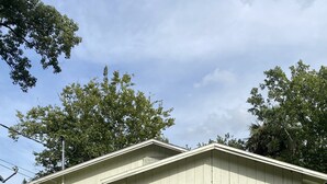 Ein kleines, eingeschossiges Haus mit einer Veranda, einer weißen Tür und einem kleinen Vorgarten.