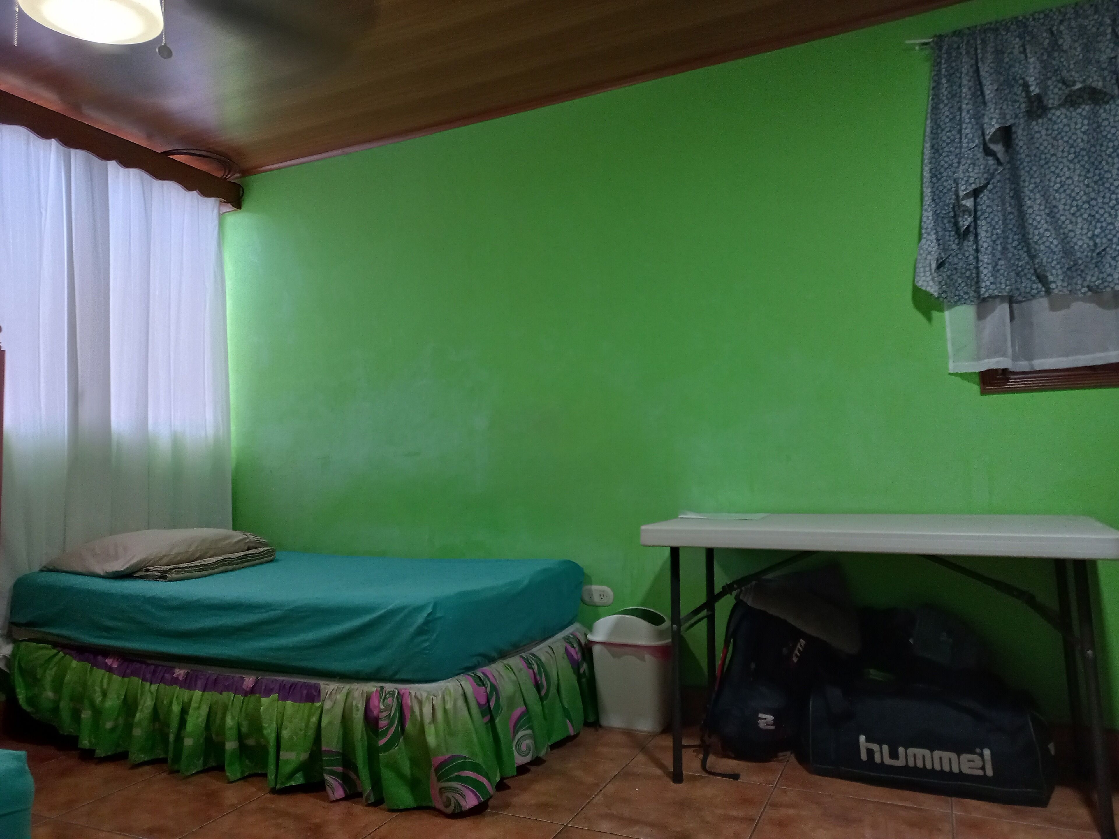 Quarto com cama, escrivaninha e parede verde.