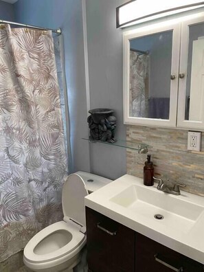 Baignoire, sèche-cheveux, serviettes fournies