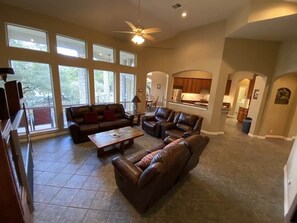 Smart TV, fireplace, books, video library