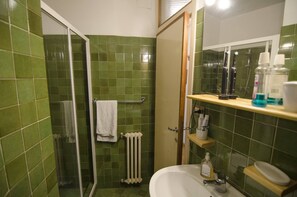 Combined shower/bathtub, hair dryer, towels
