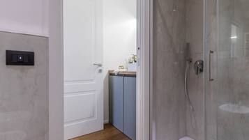 Shower, hair dryer, bidet, towels