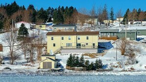 A residential area with houses, a small dock, and a frozen lake.