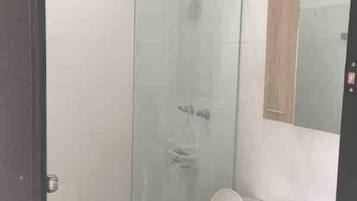 A bathroom with a glass shower enclosure, a toilet, and a sink.