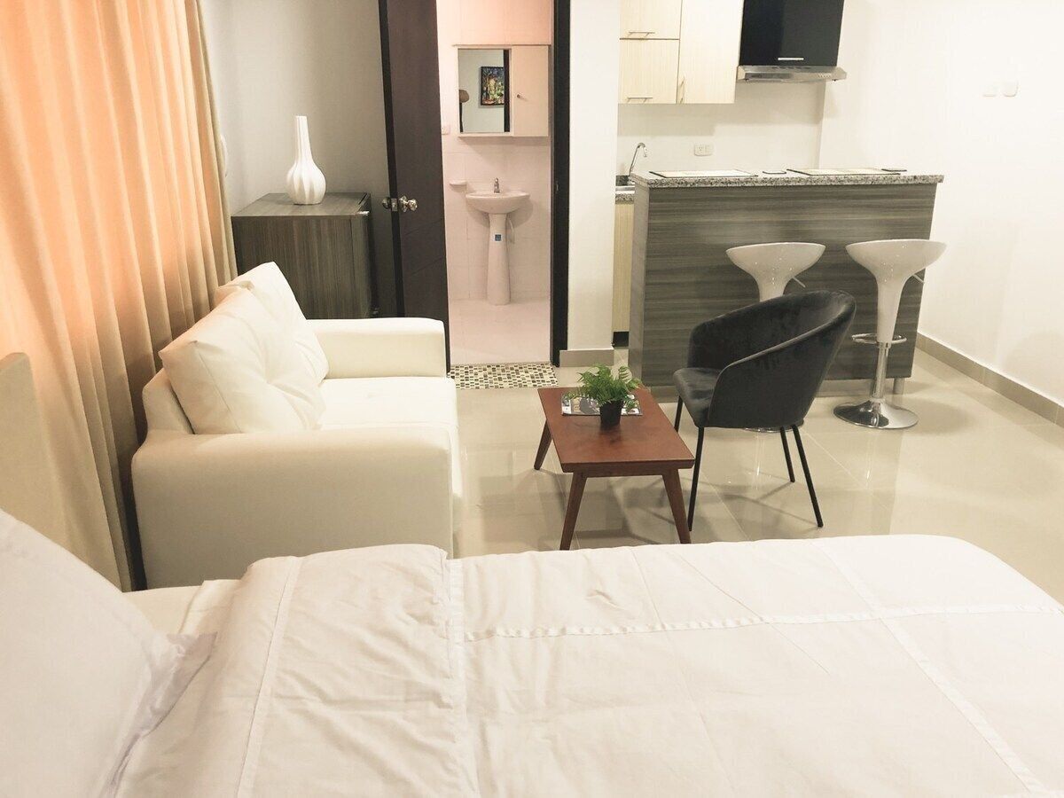 Une chambre d’hôtel comprenant un lit, une petite table avec une plante, une chaise, un canapé, une salle de bain avec un lavabo et un coin cuisine équipé d’une télévision et de tabourets de bar.