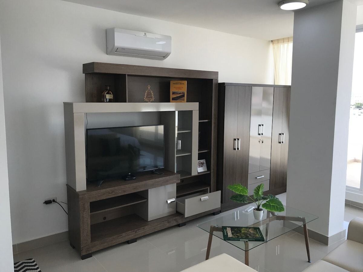 A modern living room with a large flat-screen TV, built-in shelving, a glass coffee table, and a potted plant.