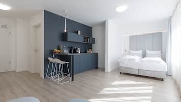 Estudio Premium | Cocina privada | Frigobar, microondas, parrilla de estufa y lavavajillas