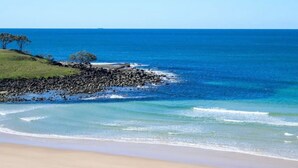 A beach with clear blue water, a rocky shoreline, and a grassy area with trees. - THE Palms Angourie - Treetop Retreat Near Spooky Beach - Holiday Yamba (Angourie)