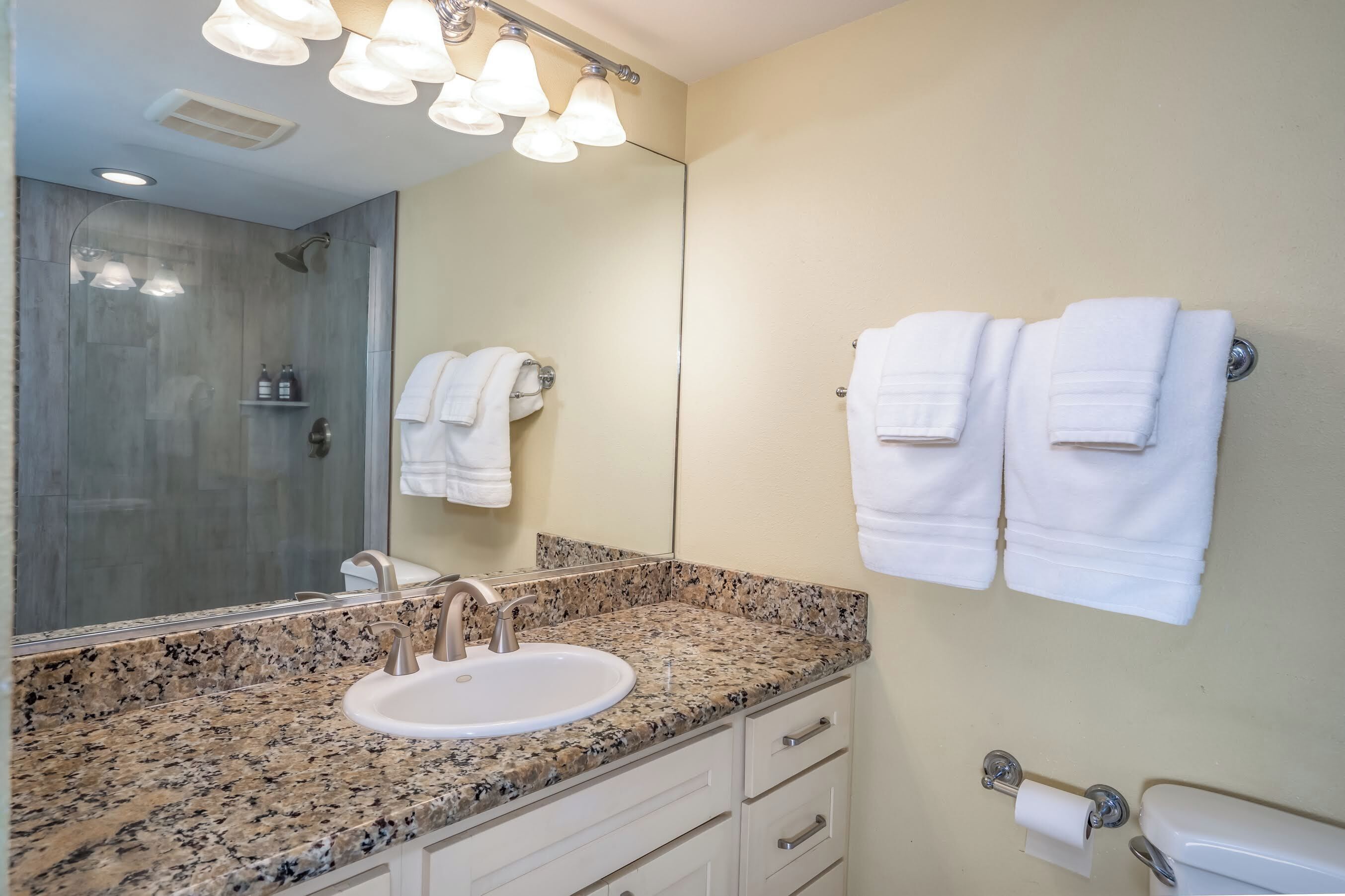 A bathroom with a granite countertop sink, a large mirror, a shower, and two towel racks.