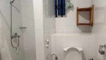 Hair dryer, towels, soap, toilet paper