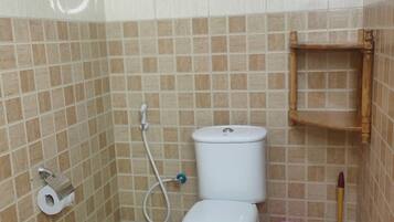 Hair dryer, towels, soap, toilet paper