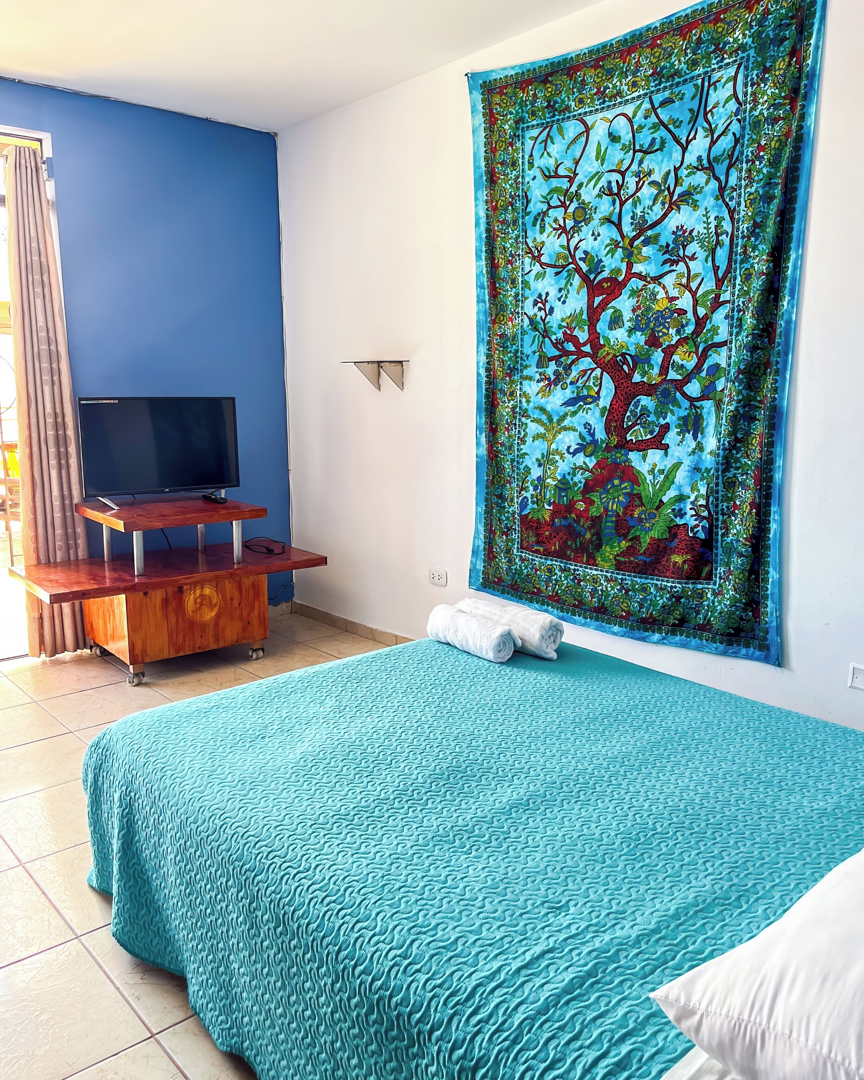 A bedroom with a large bed, a TV on a wooden stand, a tapestry on the wall, and a bathroom with a towel on the floor.