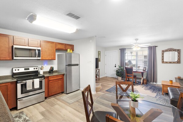 Fridge, microwave, oven, stovetop