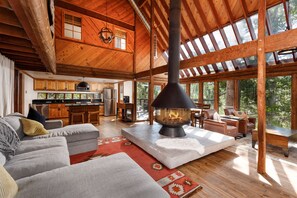 Smart TV, chimenea y estéreo