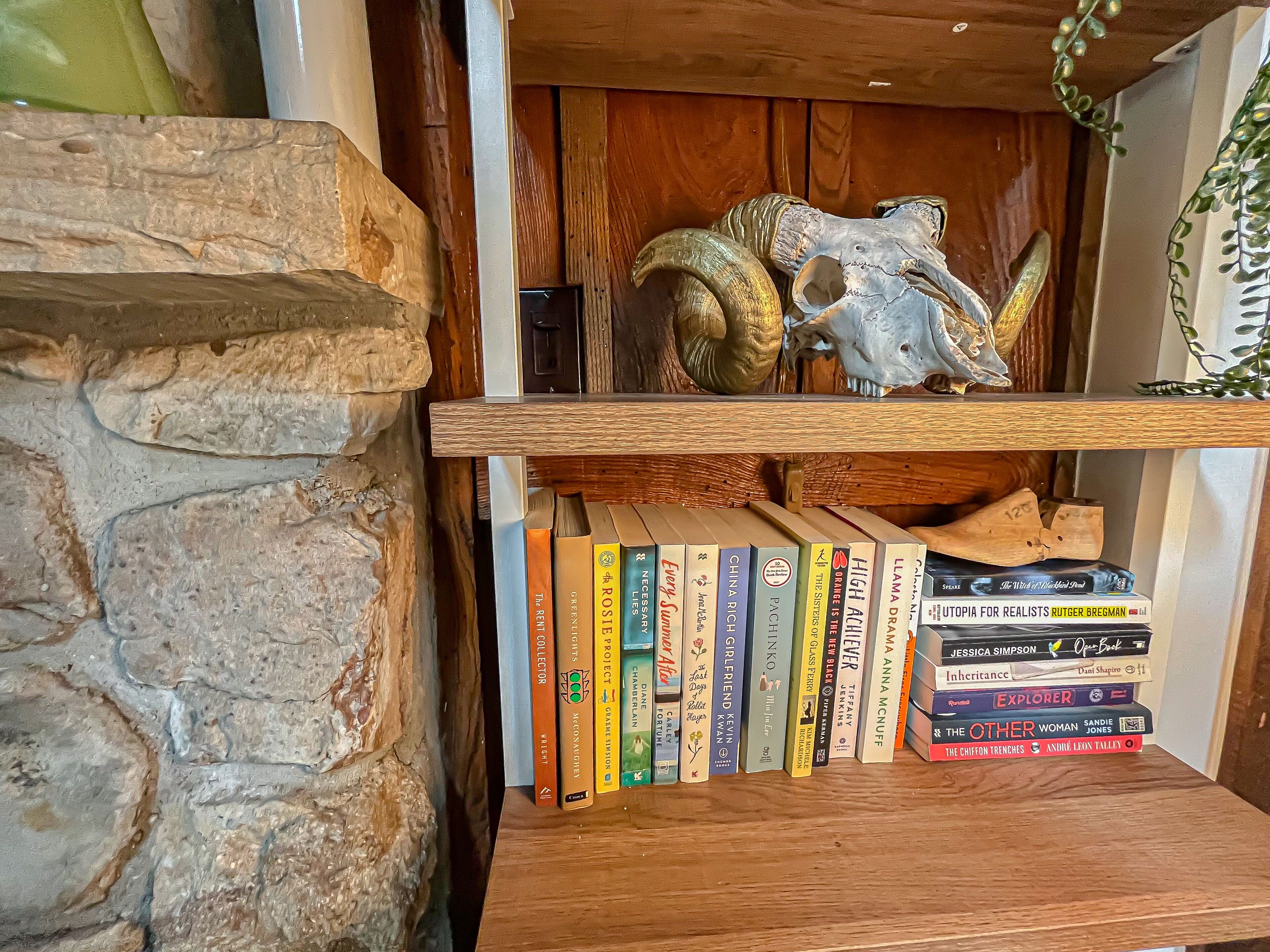 Una estantería con varios libros y un cráneo de carnero decorativo.