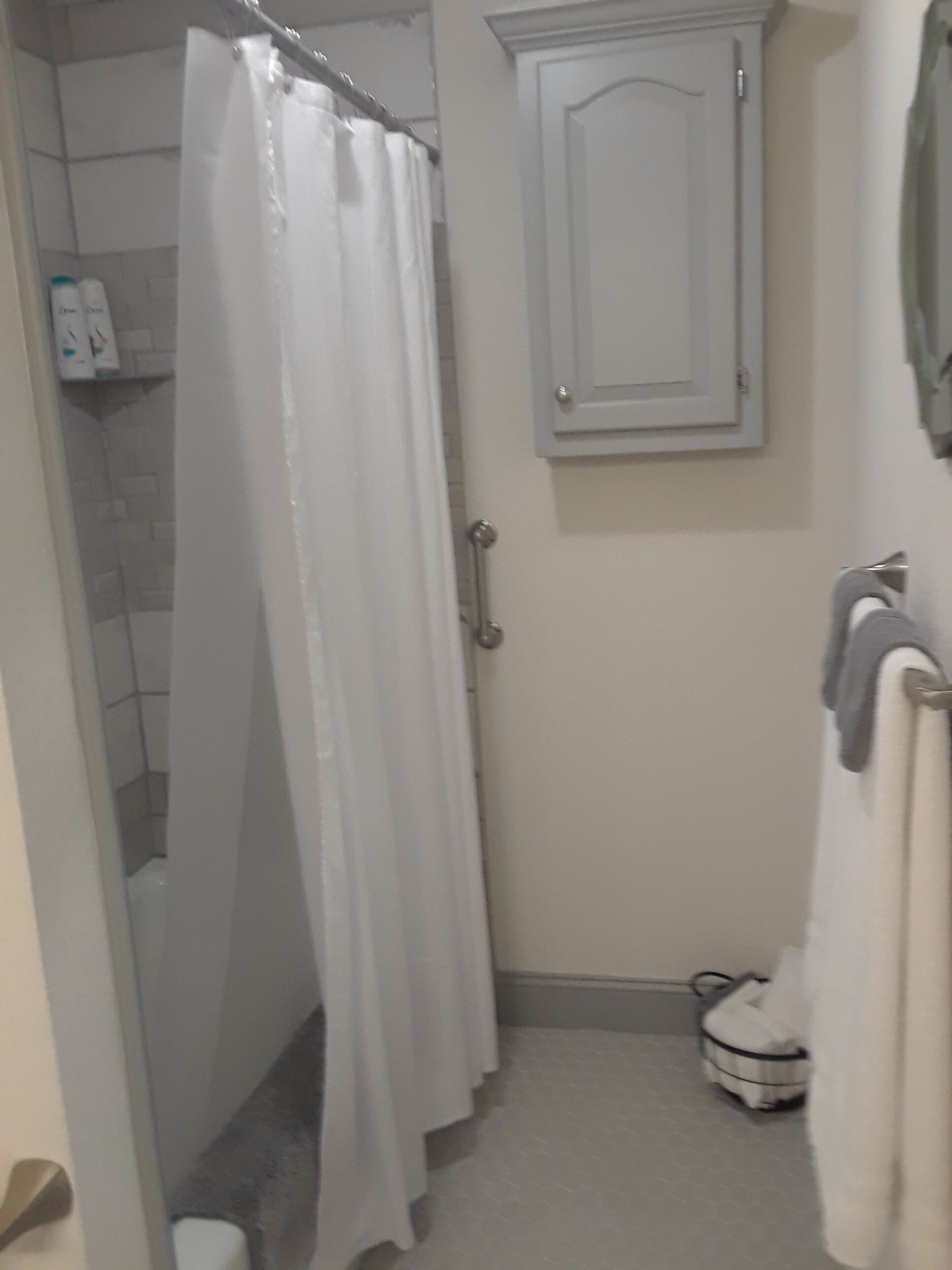 Ein Badezimmer mit Dusche, Toilette und Schrank.