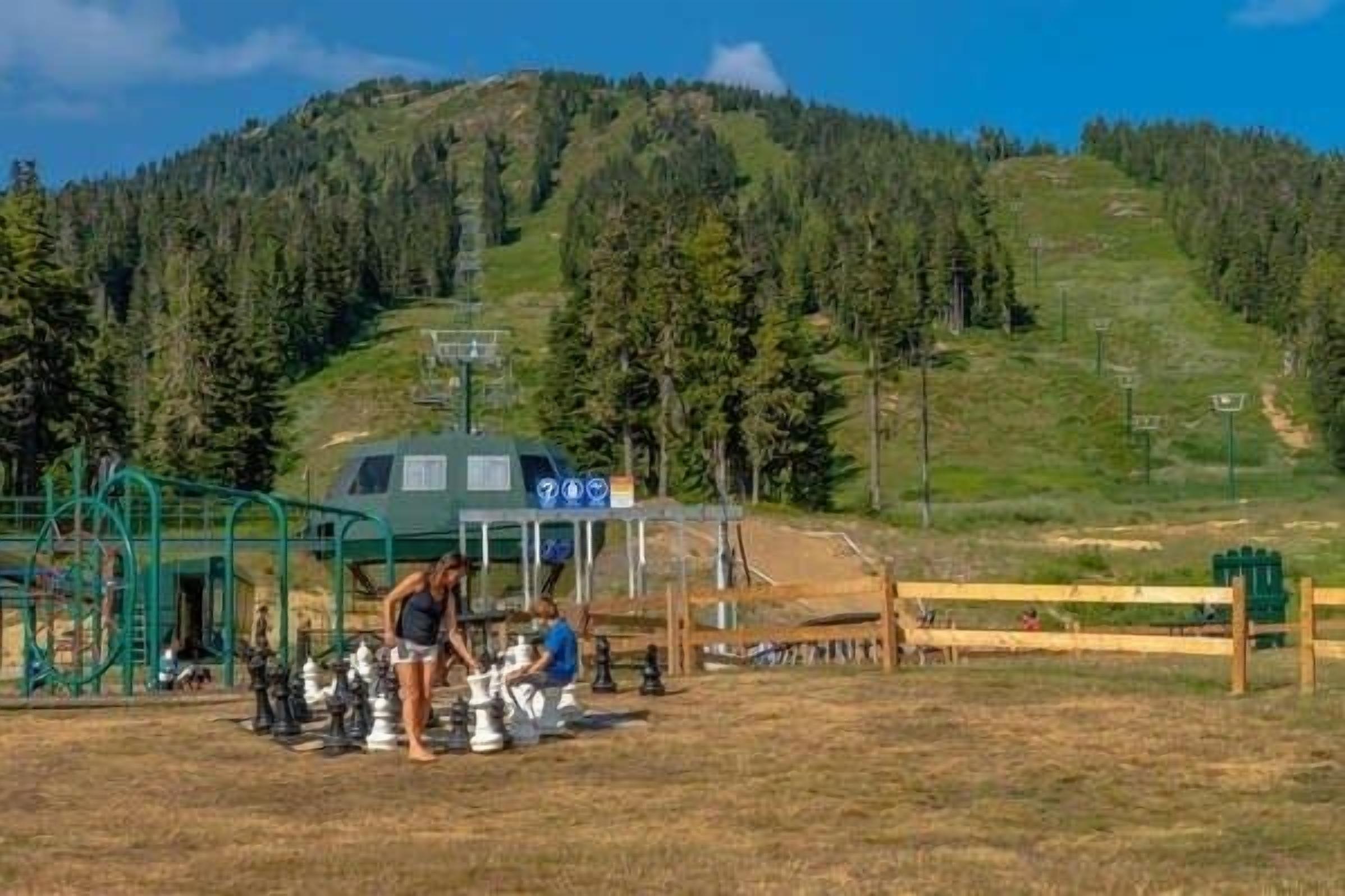 Ein Schachbrett auf einer Wiese, im Hintergrund eine Seilbahn und ein bewaldeter Hügel.