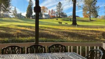 A covered patio with a table and chairs, overlooking a golf course with trees and a clear sky.