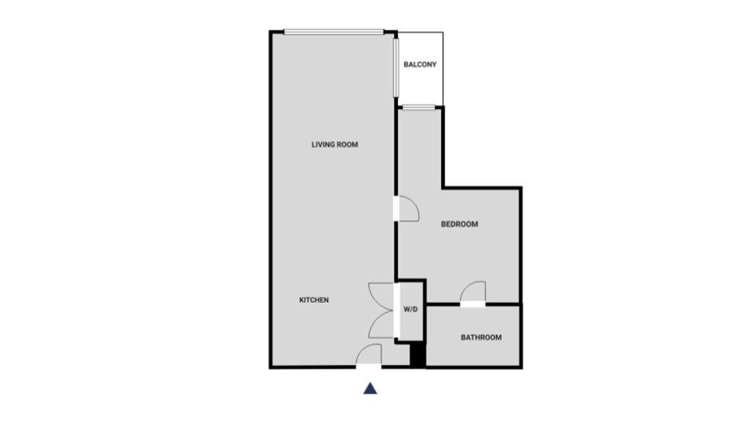 A floor plan with a living room, balcony, kitchen, bedroom, and bathroom.