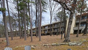 A gravel deck with Adirondack chairs and a blue bench, surrounded by trees and a building with balconies.