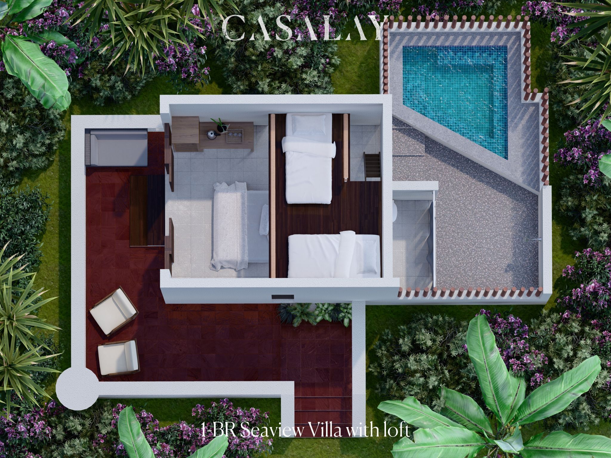Villa frente al mar de 1 habitación con altillo, que incluye un dormitorio, baño y zona de piscina.