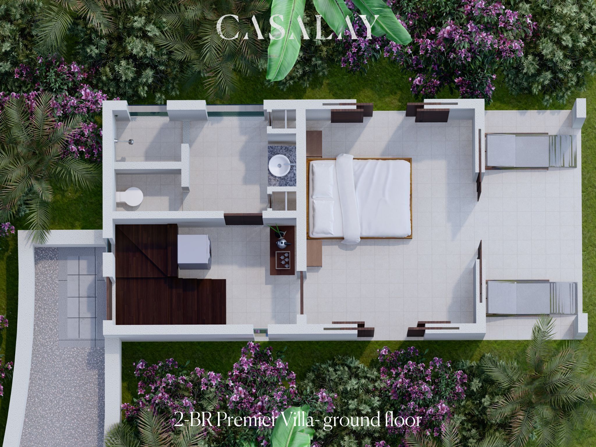 A 2-BR Premier Villa ground floor layout with a bathroom, kitchen, dining area, and a large bedroom with a balcony.
