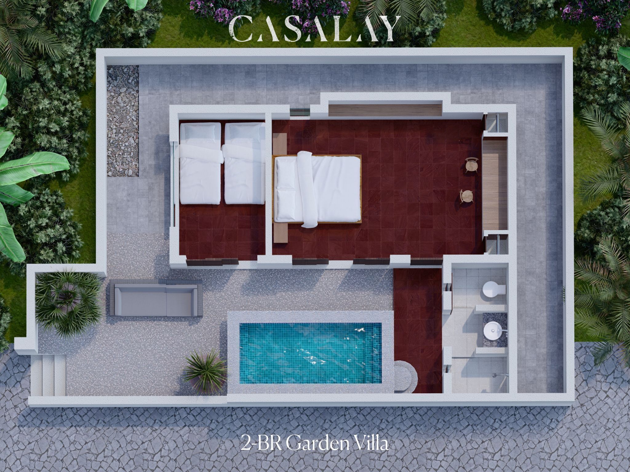 A 2-BR Garden Villa with a swimming pool, two bedrooms, a bathroom, and a small outdoor seating area.