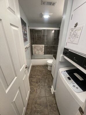 Hair dryer, towels, toilet paper