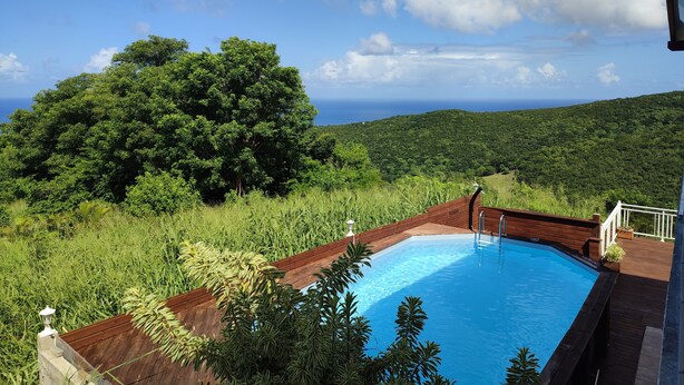 Ein Schwimmbecken mit Holzterrasse, umgeben von üppiger Vegetation und Blick auf den Ozean.