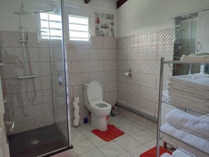 Hair dryer, towels, soap, shampoo