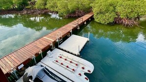 A wooden dock extending into calm water, surrounded by lush greenery and a row of houses with blue roofs.