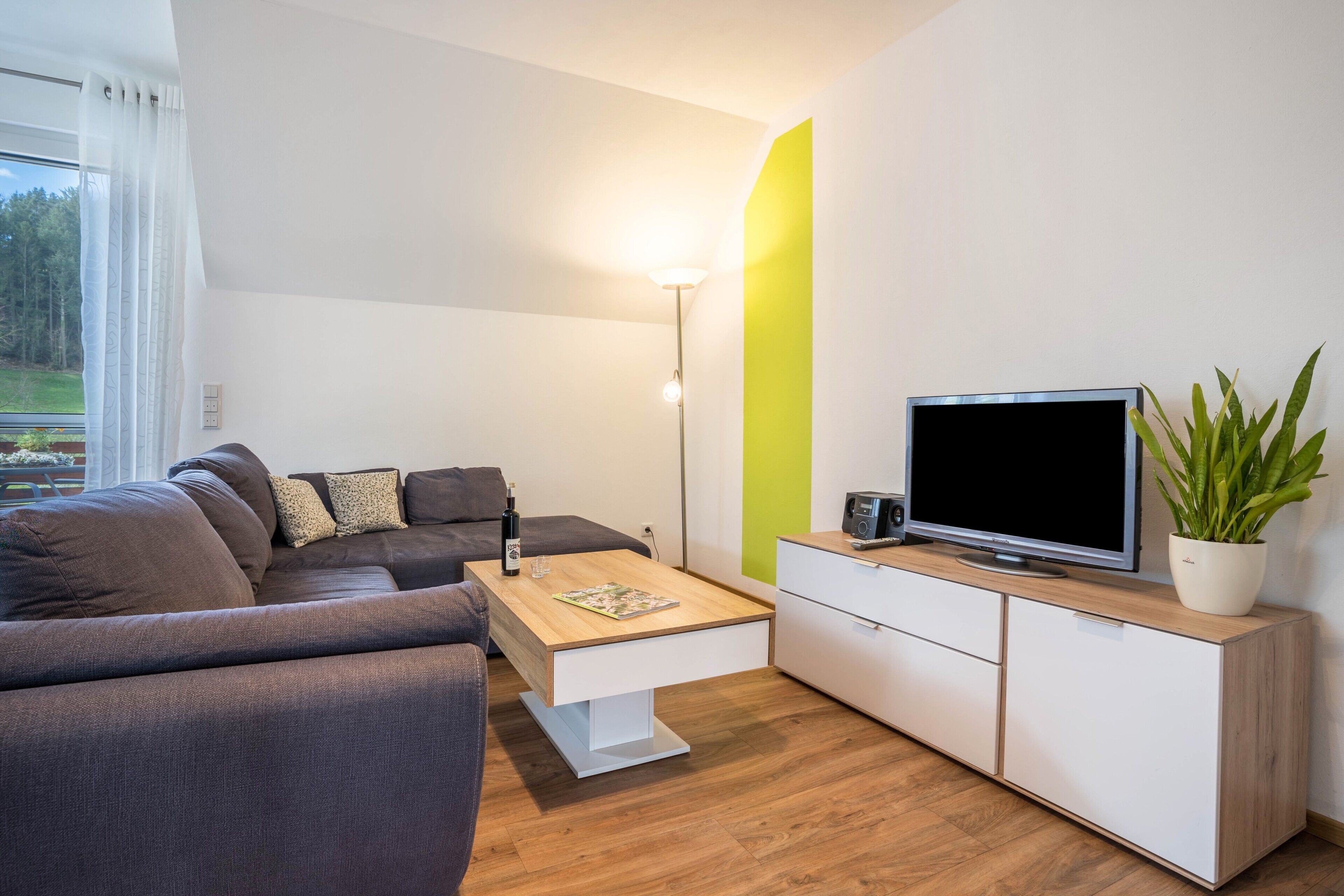 Ein modernes Wohnzimmer mit einer Couch, einem Couchtisch, einem Fernseher auf einer Kommode, einer Stehlampe und einem Blumentopf.
