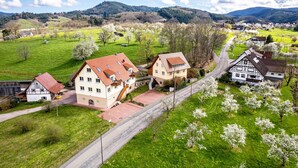 A rural village with traditional houses, a winding road, and green fields. - Apartment 'Rosalinde, 72 sqm' with Balcony and Wi-Fi (Oberkirch)